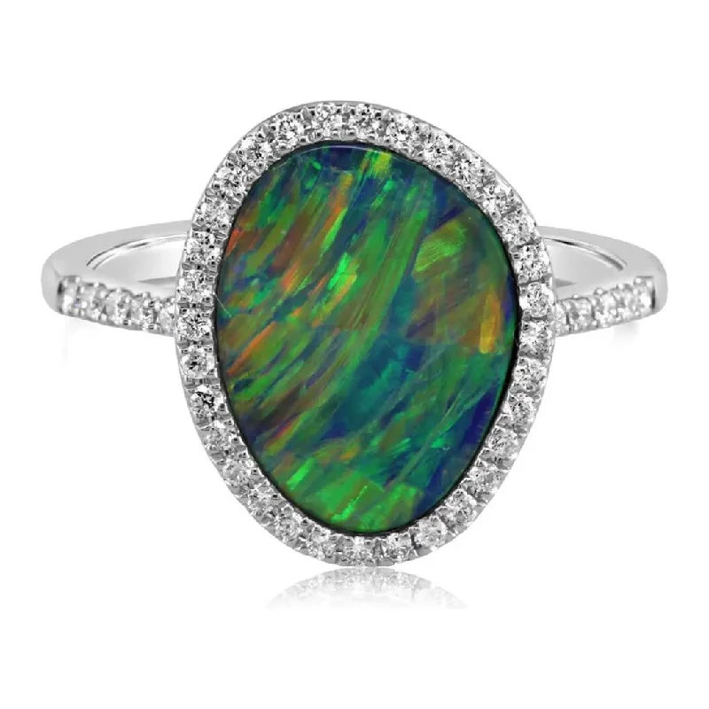 women's ring luxury gemstone set -14K Gold Freeform Opal Doublet & Diamond Halo Ring