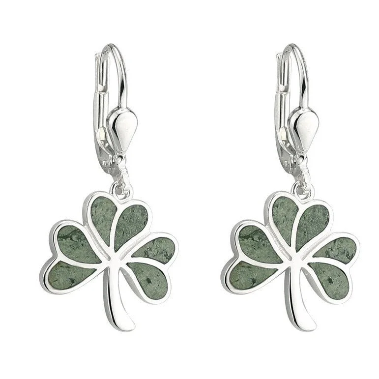 women's earrings crystal-studded hoops -Sterling Silver Connemara Marble Shamrock Drop Earrings - S33593