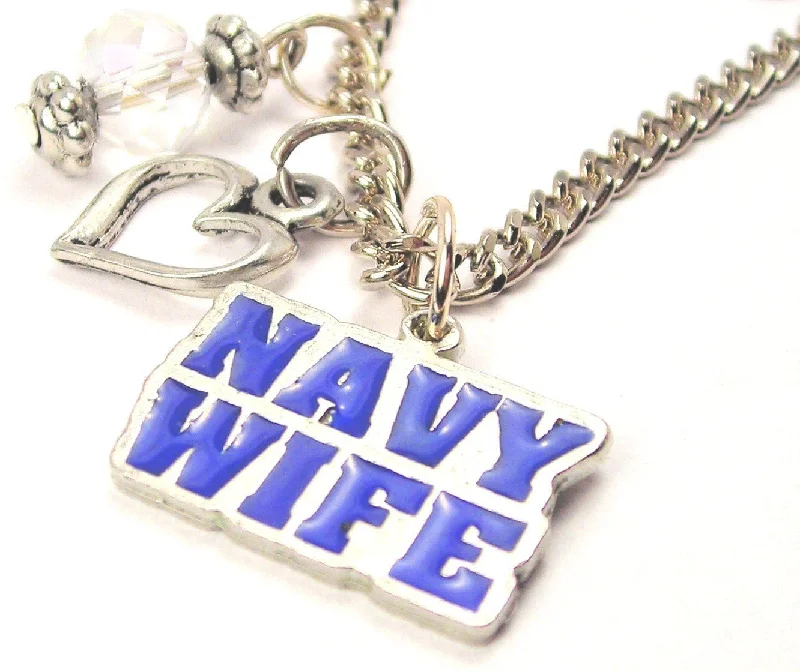 women's necklaces classic pearl strand -Hand Painted Navy Wife Bold Text Blue Necklace with Small Heart