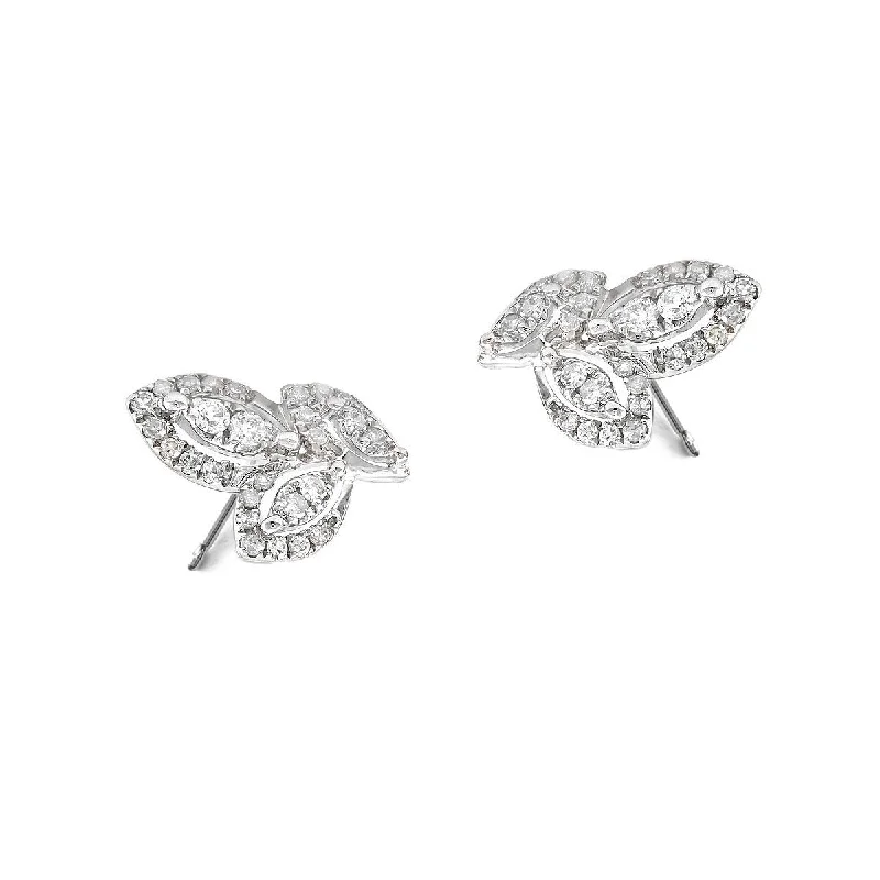 women's earrings gold -Triple Diamond Leaf Earrings, 14K White Gold