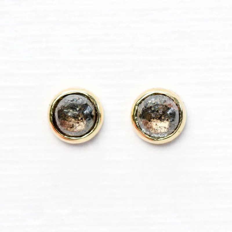 women's earrings floral engraving -Bezel-Set Round Cabochon Cut Salt and Pepper Diamond Earrings in 14k Yellow Gold - Ready to Ship