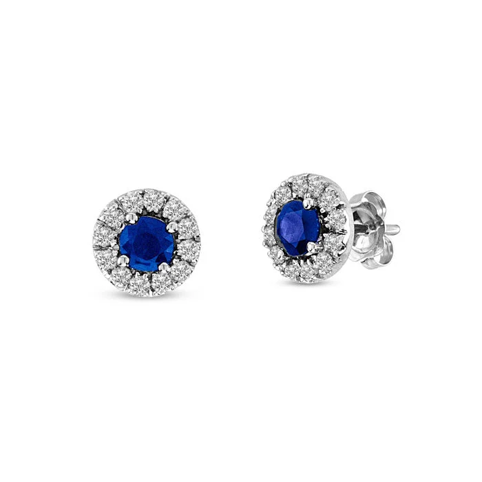 women's earrings personalized initial charm -Round Sapphire with Diamond Halo Earrings, 14K White Gold