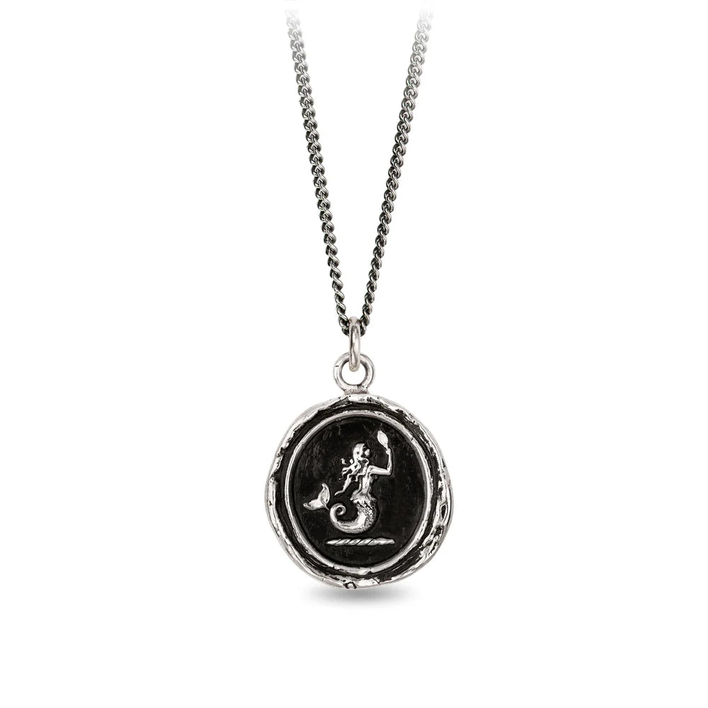 women's necklaces moissanite -Pyrrha Sterling Silver "Mermaid" Talisman Pendant on 18" Oxidized Fine Curb Chain Necklace