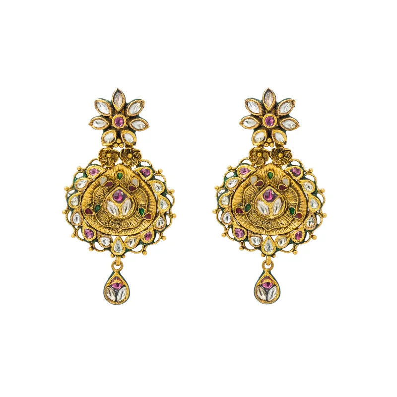 women's earrings boho style -22K Yellow Gold Drop Earrings W/ Kundan & Vintage Design