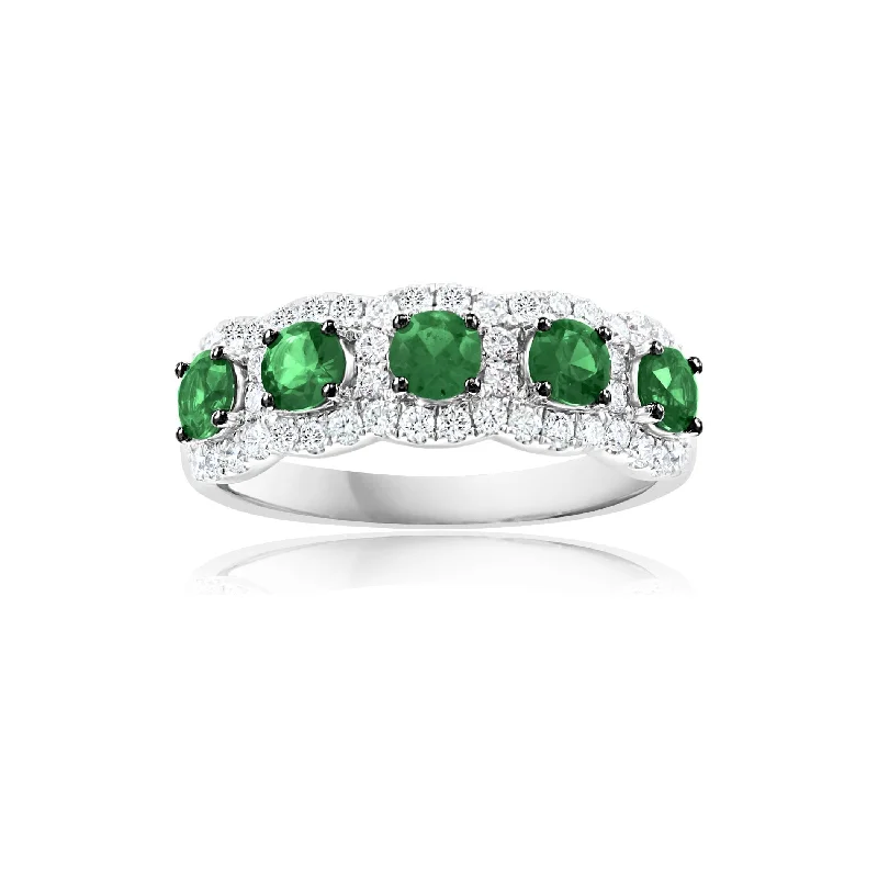 women's ring crystal-embedded -14K White Gold Emerald & Diamond Anniversary Band