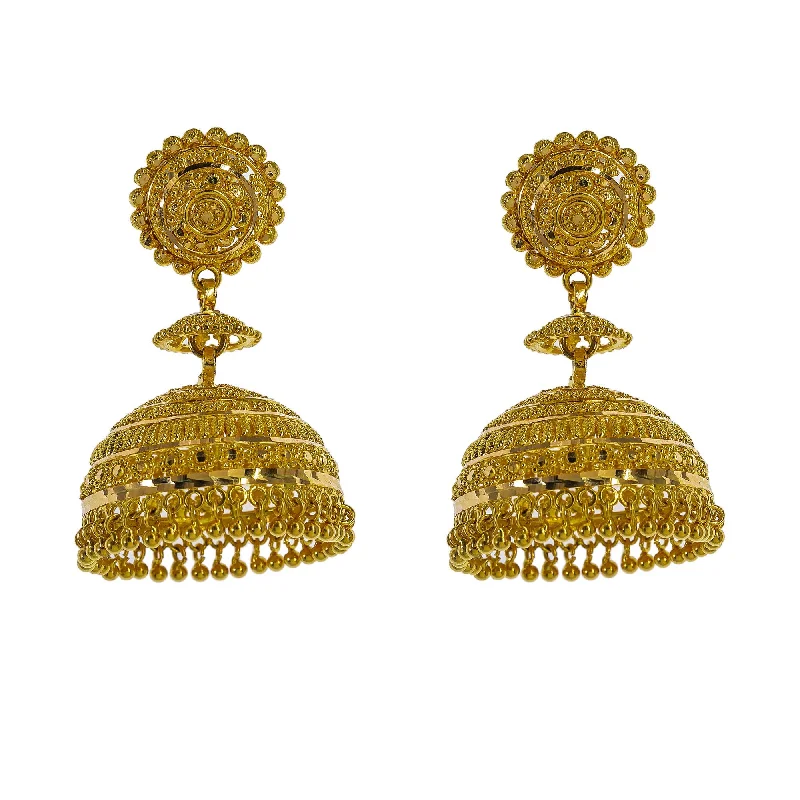 women's earrings modern contemporary -22K Yellow Gold Jhumki Drop Earrings W/ Beaded Filigree & Halo Cap Accent