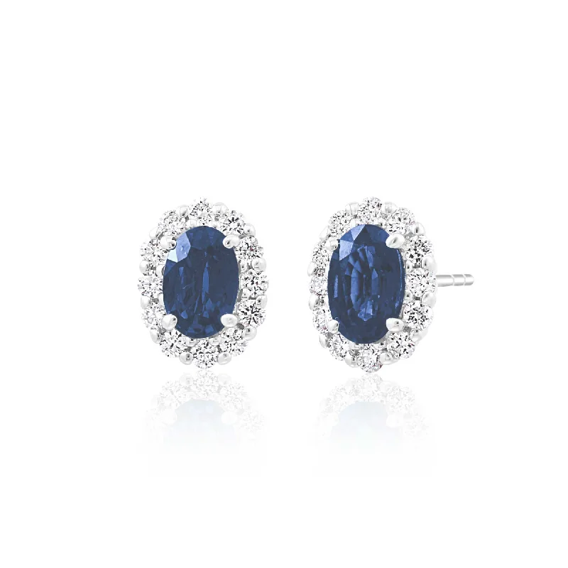 women's earrings trendy wide hoop -Oval Sapphire and Diamond Earrings, 14K White Gold