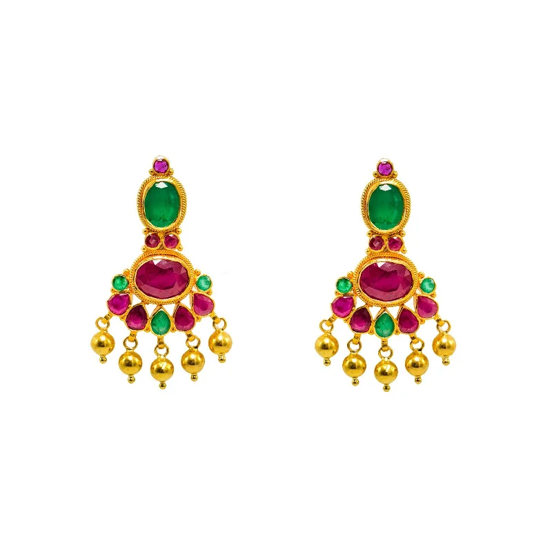 women's earrings threader style -22K Yellow Gold Earrings W/ Rubies, Emeralds & Petite Chandelier Design