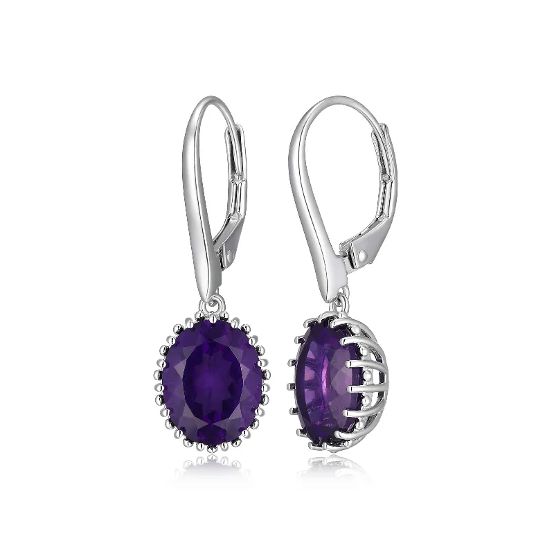 women's earrings teardrop gemstone -Oval Amethyst Drop Earrings, Sterling Silver