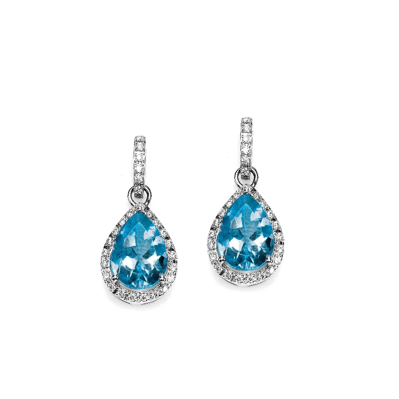 women's earrings anniversary earrings -Pear Shape Blue Topaz and Diamond Drop Earrings, 14K White Gold