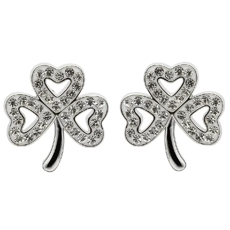 women's earrings platinum -Sterling Silver Celtic Shamrock Earrings Adorned By Crystals SW51