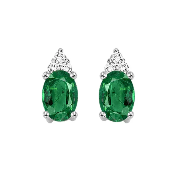 women's earrings stud design -10 Karat White Gold Oval Emerald Diamond Earrings