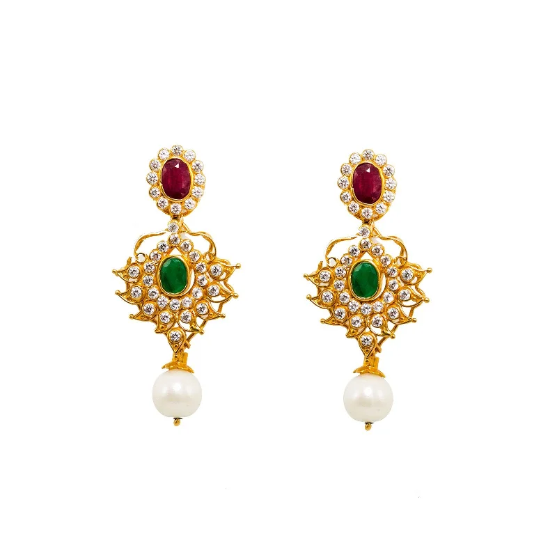 women's earrings boho style -22K Yellow Gold Flower Earrings W/ Rubies, Emeralds, CZ Gems & Drop Pearl