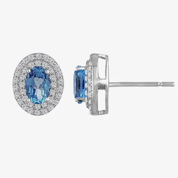 women's earrings moissanite -Sterling Silver Oval Blue Topaz and White Sapphire Double Halo Earrings