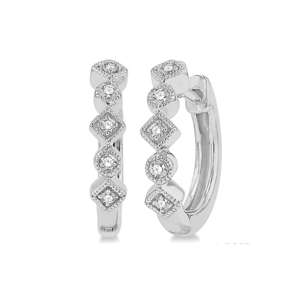 women's earrings vintage-inspired filigree -1/10 ctw Circular & Rhombus Mount Round Cut Diamond Huggie Earrings in 10K White Gold