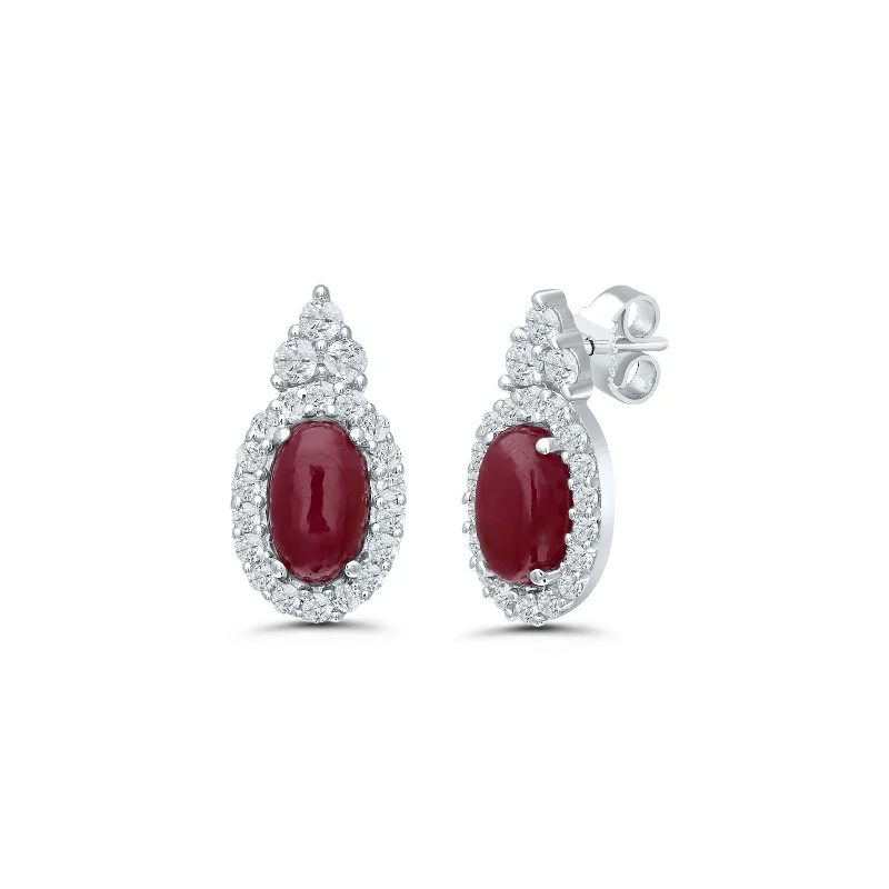 women's earrings modern contemporary -Ruby Cabochon and Diamond Earrings, 14K White Gold