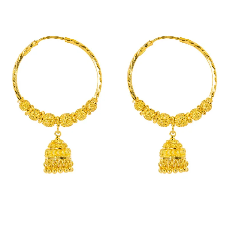 women's earrings sapphire -22K Yellow Gold Hoop Earrings W/ Jhumki Drops & Speckled Balls