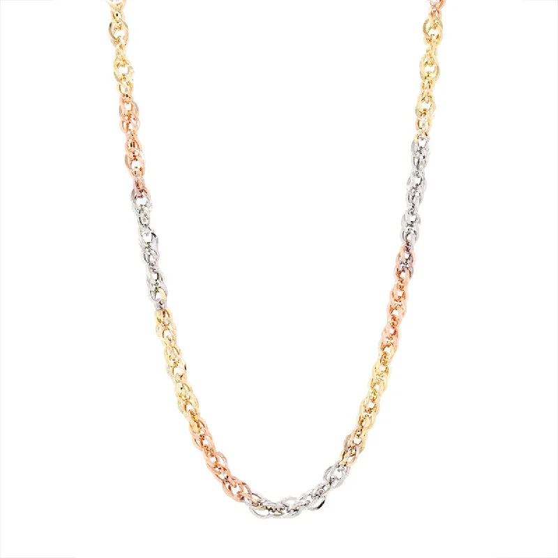 women's necklaces mixed metal design -TRI-TONE GOLD NECKLACE WITH DOUBLE CABLE CHAIN LINKS, 20 INCHES