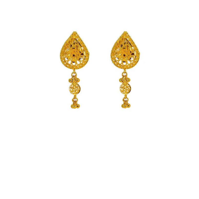 women's earrings fashion-forward jewelry -22K Yellow Gold Earrings W/ Double Teardrop Pendants & Floral Filigree Designs