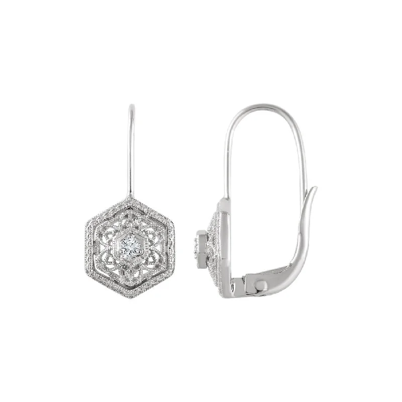 women's earrings tiny dainty studs -Filigree Flower Design Diamond Earrings, 14K White Gold