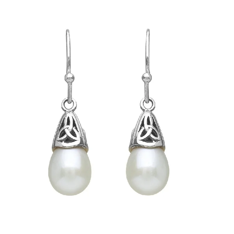 women's earrings nature inspired -Sterling Silver Trinity Knot Fresh Water Pearl Drop Earrings - ANU2106