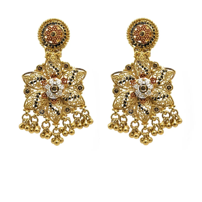 women's earrings high-end fashion -22K Yellow Gold Earrings W/ Meenakari Designs & Bloomed Flower Pendant