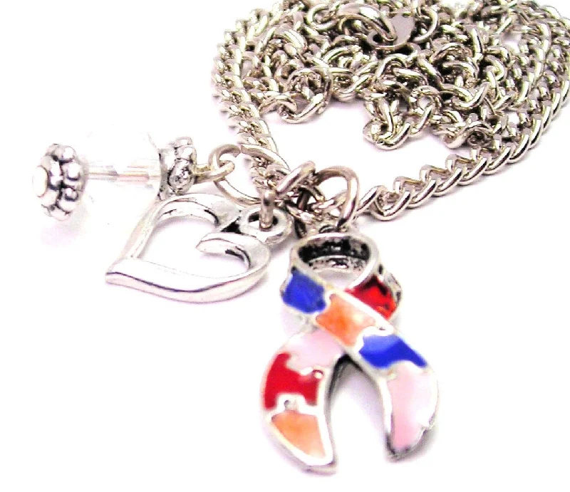 women's necklaces star charm -Hand Painted Autism Awareness Ribbon Necklace with Small Heart