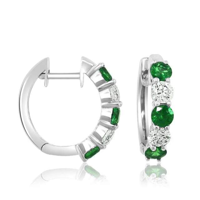 women's earrings geometric cutout -14K White Gold Emerald and Diamond Hoop Earrings