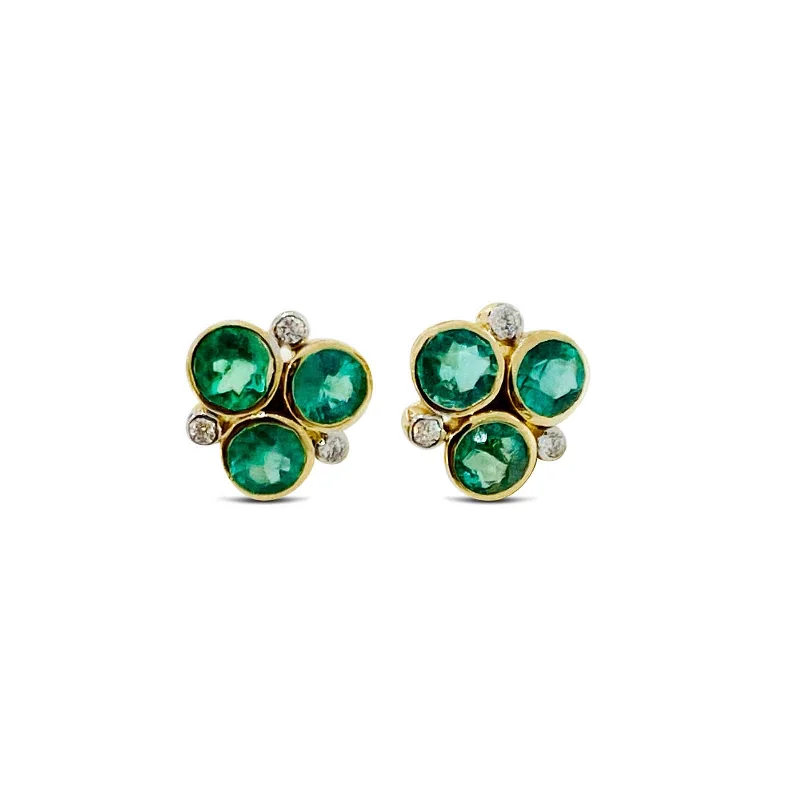 women's earrings premium quality -Emerald and Diamond Cluster Earrings, 18K Yellow Gold