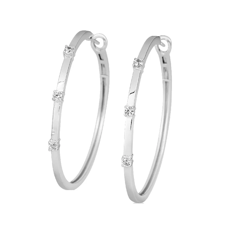 women's earrings boho style -White Sapphire Hoop Earrings, 2 Inches, Sterling Silver