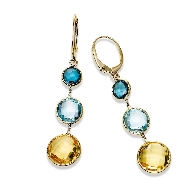 women's earrings sapphire -Bezel Set Multi Gemstone Dangle Earrings, 14K Yellow Gold