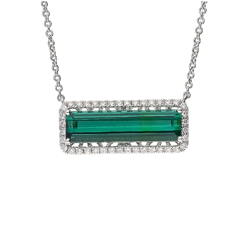 women's necklaces moonstone charm -18K White Gold Emerald Cut Green Tourmaline & Diamond 16" Necklace