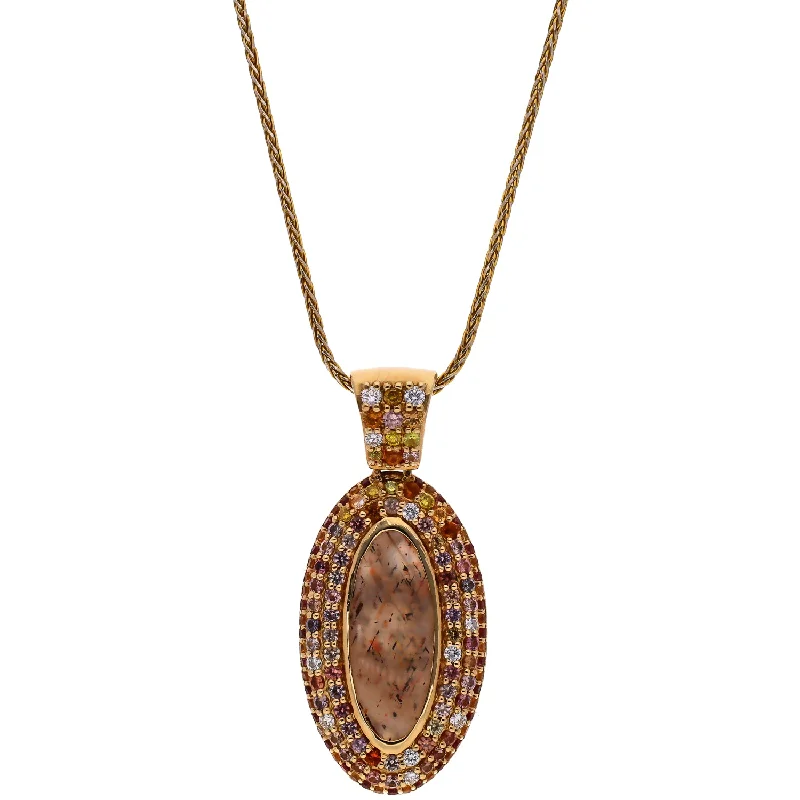 women's necklaces delicate chain -14K Yellow Gold Oval Sandstone Sapphires Garnets and Diamonds Pendant Necklace