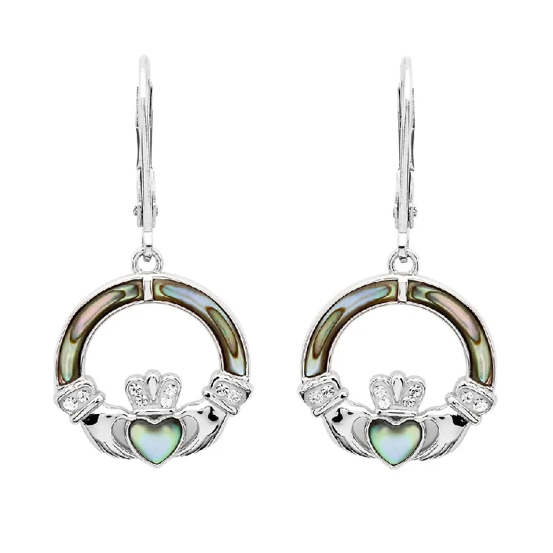 women's earrings high-end fashion -Sterling Silver Claddagh Drop Earrings with Abalone and Crystals SW202