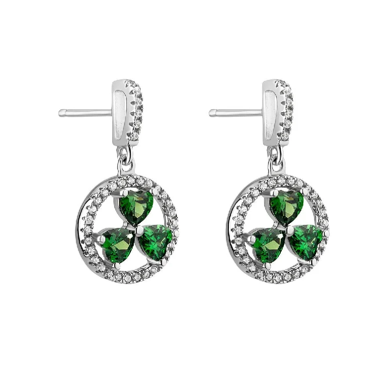 women's earrings dangle design -Sterling Silver Circle Shamrock Post Earrings with Green CZ Stones - S33964