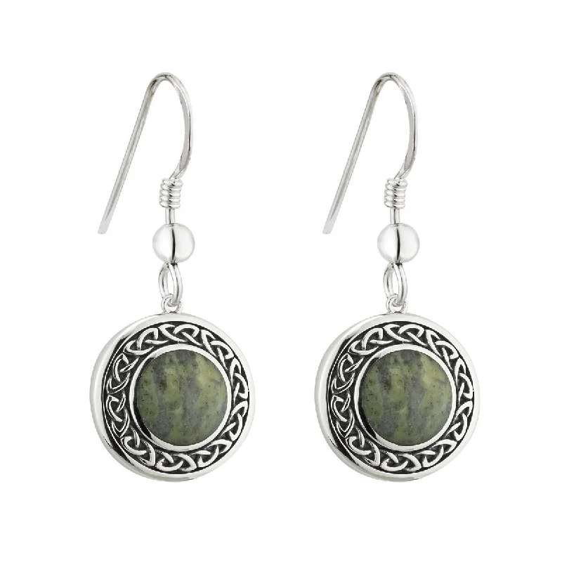 women's earrings subtle sophistication -Sterling Silver Connemara Marble Round Celtic Drop Earrings - S33772