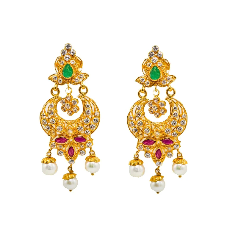 women's earrings handmade luxury design -22K Yellow Gold Chandbali Earrings W/ Rubies, Emeralds, CZ Gems & Hanging Pearls