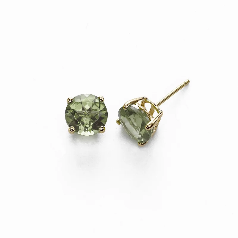 women's earrings celebrity style -Round Prasiolite Stud Earrings, 8 MM, 14K Yellow Gold