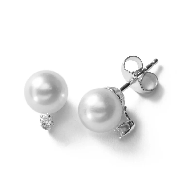 women's earrings ruby -Akoya Cultured Pearl Earrings with Diamonds, 8.5 MM, 14K White Gold