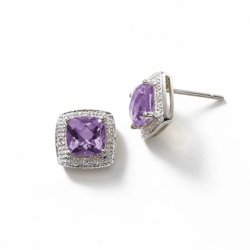 women's earrings opal gemstone -Square Amethyst and Diamond Halo Earrings, 14K White Gold