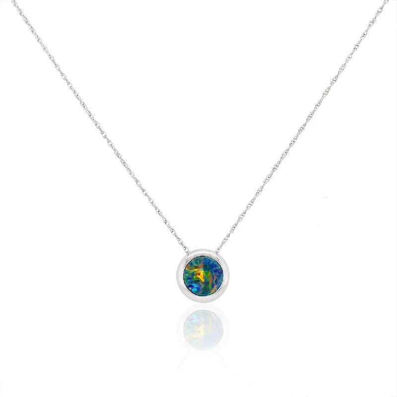 women's necklaces bold and stylish -WHITE GOLD CIRCLE OPAL DOUBLET PENDANT NECKLACE