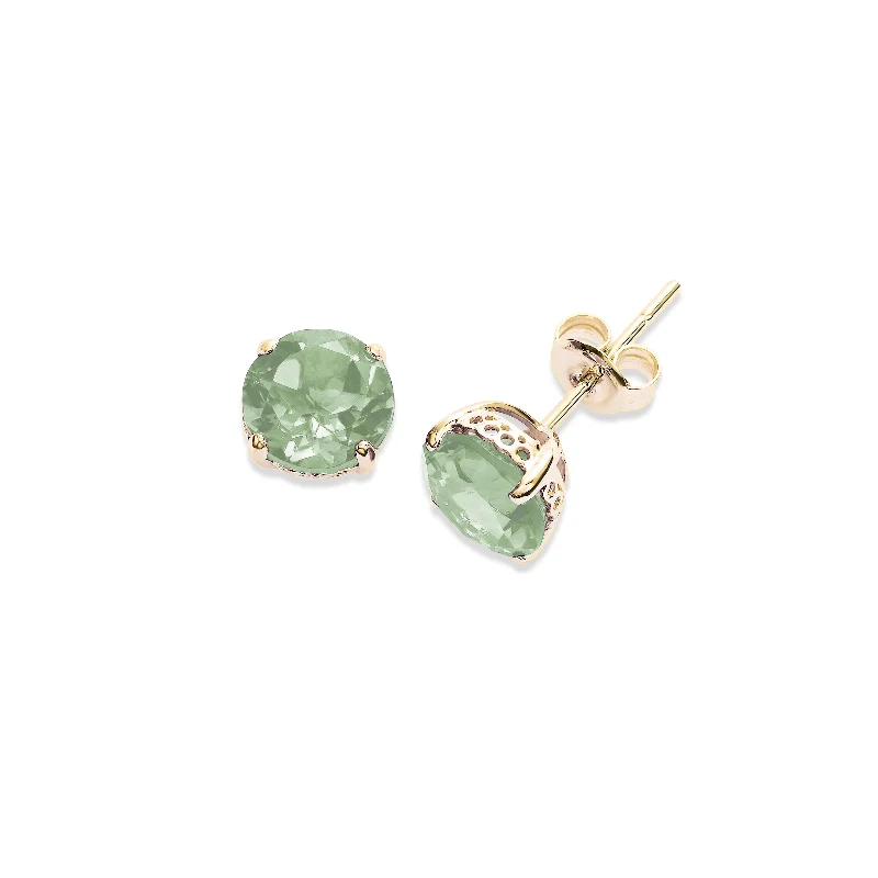 women's earrings handcrafted design -Round Prasiolite Stud Earrings, 6 MM, 14K Yellow Gold