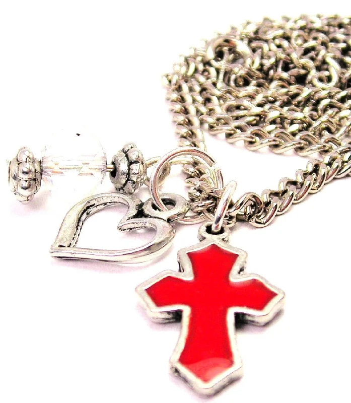 women's necklaces everyday wear -Hand Painted Latin Cross Red Necklace with Small Heart