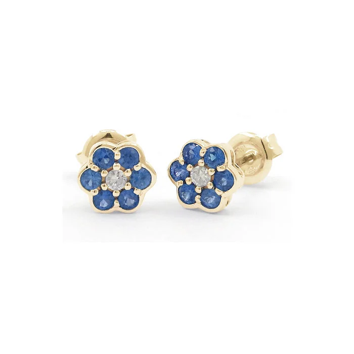 women's earrings delicate twisted design -Sapphire and Diamond Flower Earrings, 14K Yellow Gold