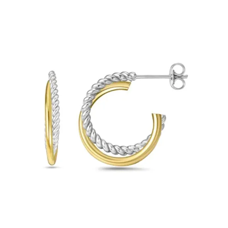 women's earrings casual everyday wear -Rope Design Hoop Earrings, Silver and 18K Gold