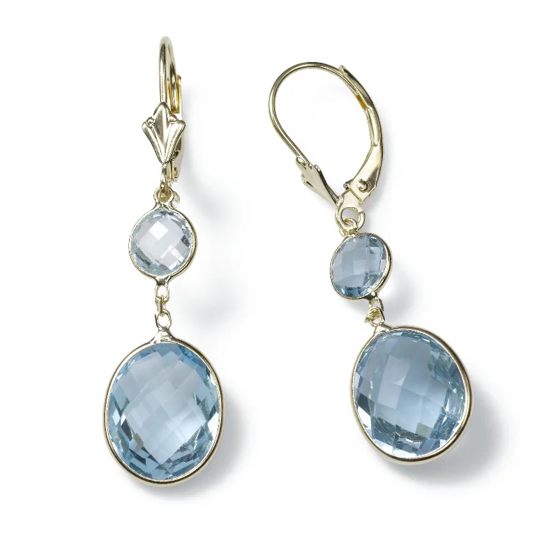 women's earrings minimalist bar drop -Blue Topaz Double Drop Earrings, 14K Yellow Gold