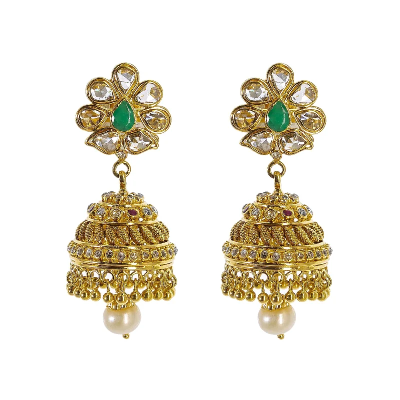 women's earrings delicate and elegant -22K Yellow Gold Uncut Diamond Jhumki Earrings W/ 1.77ct Uncut Diamonds, Emeralds, Rubies & Drop Pearls