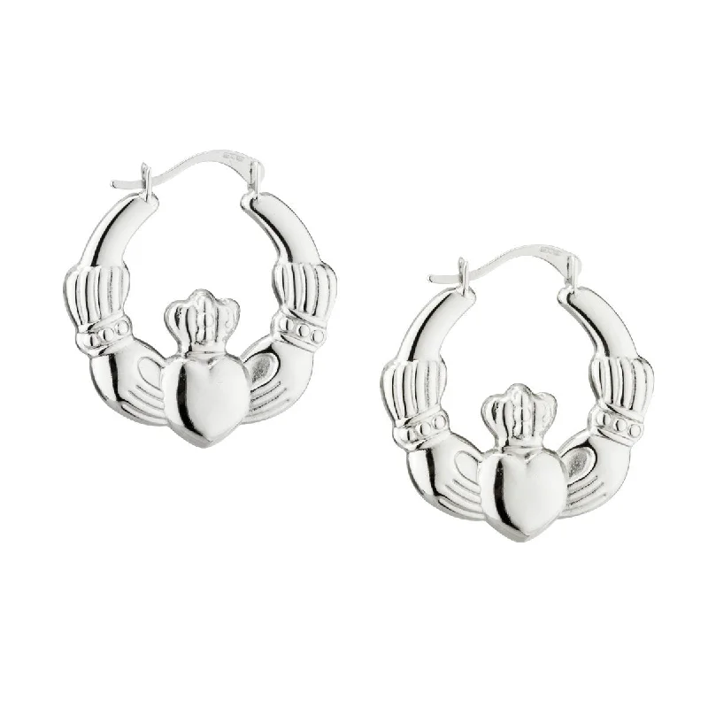 women's earrings bold statement -Sterling Silver Medium Claddagh Hoop Earrings - S3526