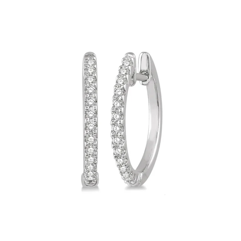 women's earrings diamond solitaire -1/5 Ctw Round Cut Diamond Hoop Earrings in 10K White Gold