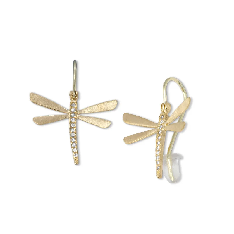 women's earrings rose gold -Dragonfly Earrings with Diamonds, 14K Yellow Gold